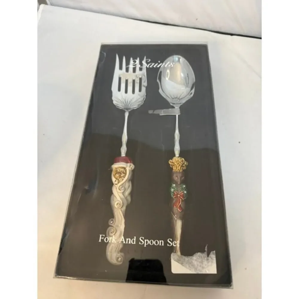 2 Saints Christmas Serving Fork Spoon Set Santa Reindeer 11.5